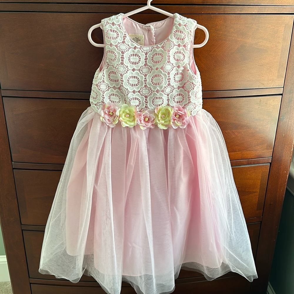 Laura Ashley girls size 6 white lace pink tulle dress flowers Easter spring cute